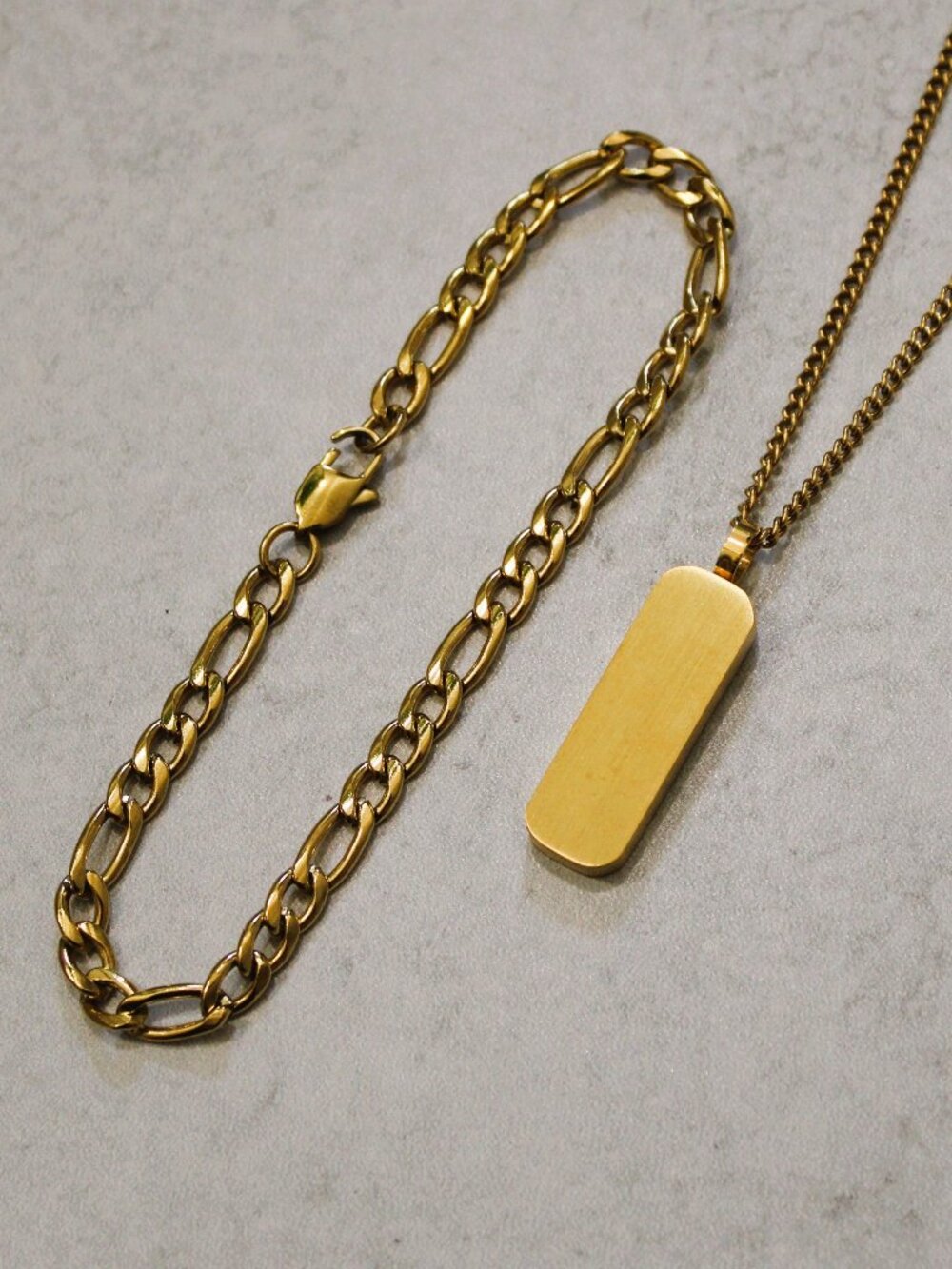 Gold Bar Pendant Necklace + 5mm Figaro Bracelet Set
